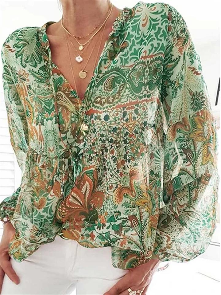 Bohemian Style Front Tie Up Floral Long Sleeve Lightweight Pullover Tops