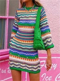 Round Neck Knitted Multicolor Striped Pullover Mid-Length Women's Sweater