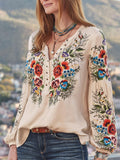 Beautiful Floral V Neck Long Sleeve Casual Shirts for Women