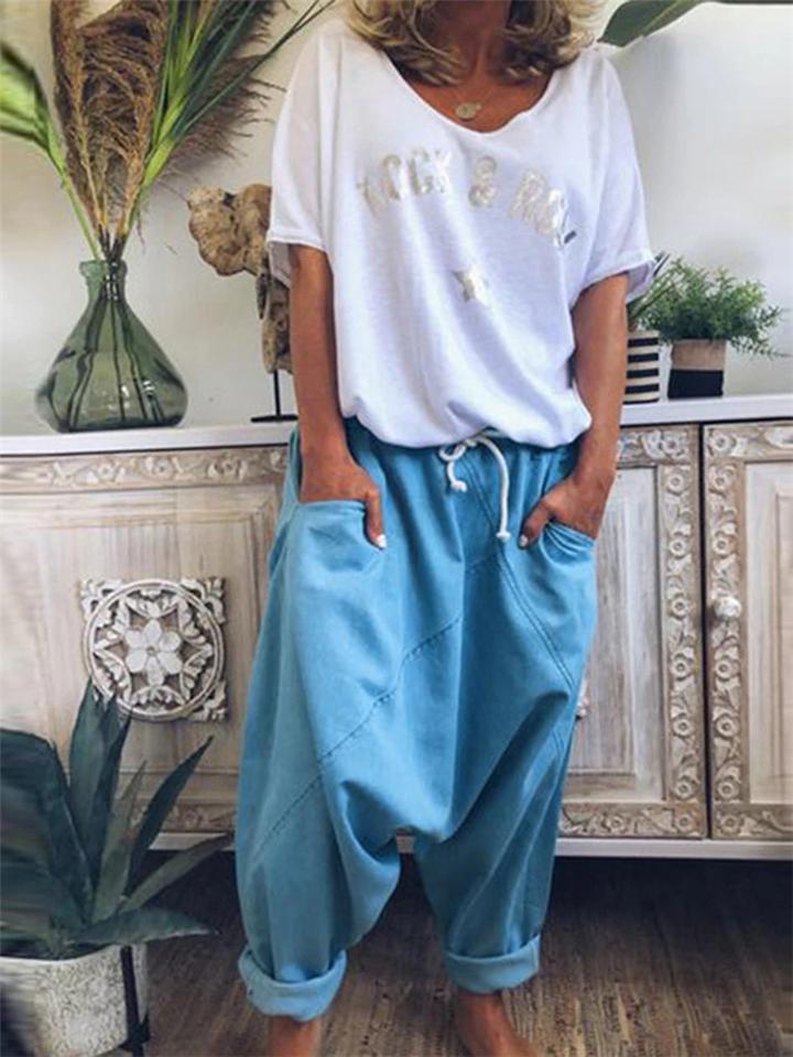 Casual Style Elastic Waist Band Drawstring Pocket Harem Pants