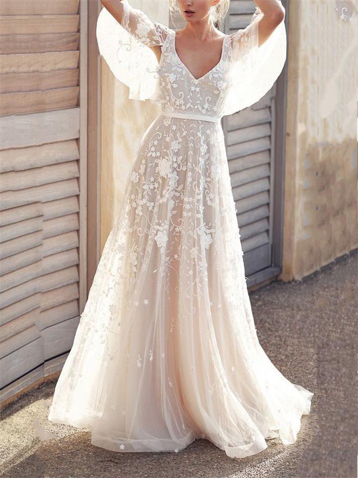 Flowing Floral Applique Cap Sleeve Backless Dress for Wedding