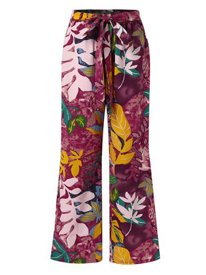 Stylish Floral Printing Waist Tie Wide-Leg Pants