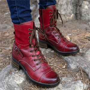 Vintage Style Ankle Harness Strap Lace-Up Block Heel Boots