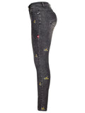 Lovely Small Floral Embroidery Slim Fit Black Denim Jeans for Women