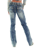 Female Washed Stretchy Blue Mid Rise Straight Leg Jeans