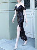 Gorgeous Shiny Sequins High-Low Ruffle Hem Dress For Party