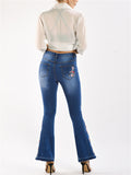 New Washed Effect Embroidery Skinny Flare Denim Pants