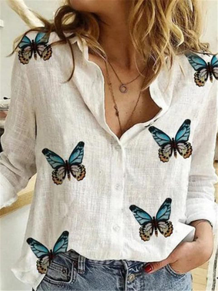 Women's Casual Long Sleeve Butterflies Printed Linen Blouses