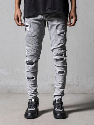 Men's Autumn Winter Ripped Skinny Ins Stylish Patchwork Pants