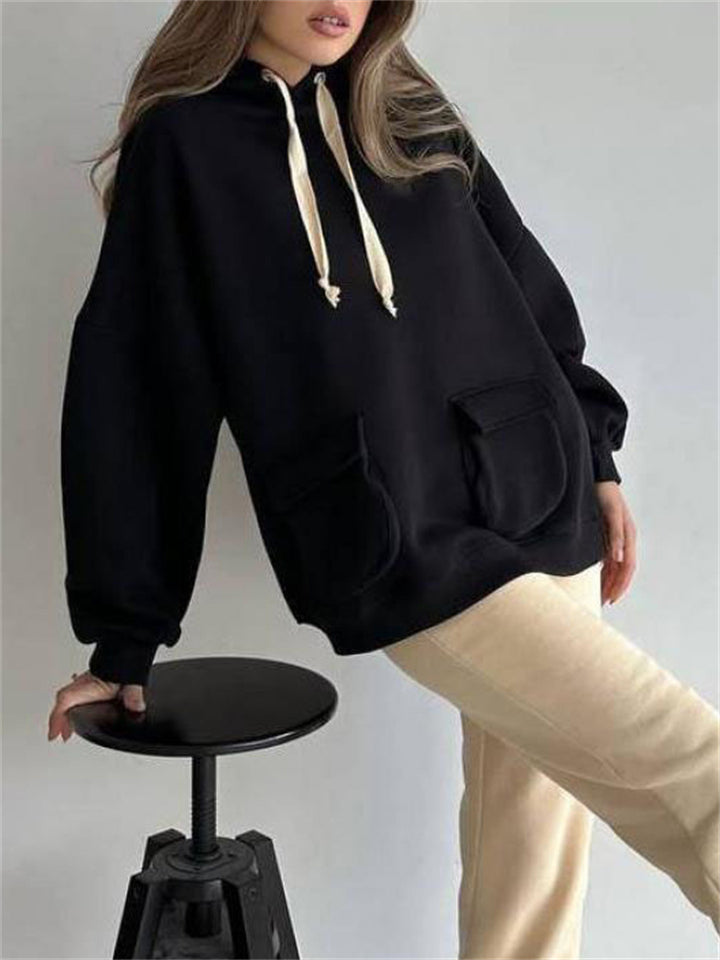 Women's Casual Solid Color Loose Pockets Hoodies