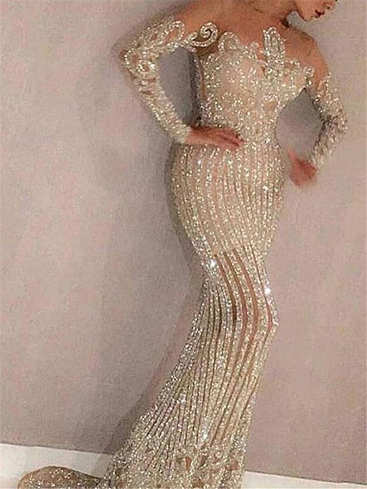 Exquisite Gilding Fitted Waist Long Sleeve Evening Dress