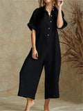 Straight Silhouette Spread Collar Soft Cotton Front Button Cropped Jumpsuit