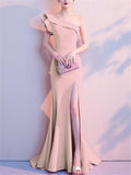 Pretty One Shoulder Sweep Train Side Slit Maxi Dress for Evening