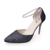 Female Metal White Pearl Chain Pointed Toe Shining Stiletto