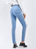 Spring Autumn Pretty White Pearl Woven Tape Thin Denim Jeans for Women