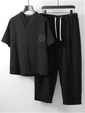 Comfy Loose Cotton Linen Print V-Neck Short-sleeved T-shirt + Cropped Pants