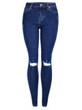 Simple Style Daily Slim Fit Ripped Dark Blue Jeans for Women