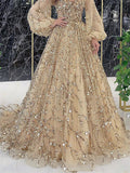 Elegant Luxury Shiny Beads Lantern Sleeve Evening Dress for Ladies