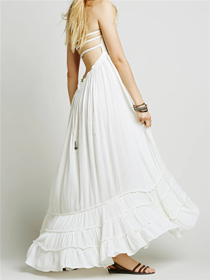 Sexy Backless Sleeveless Solid Color Long Beach Dress