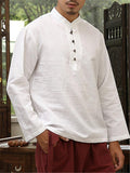 Mens Loose Comfy Soft Linen Button Solid Color Long Sleeve T-Shirts