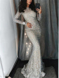 Shimmering Sequined Round Neck Long Sleeve Dress for Prom