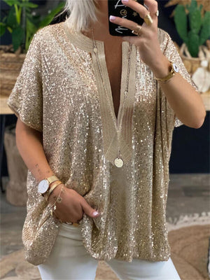 Women's Sexy Short Sleeve Deep V-neck Sequined Shirts