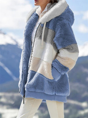 Women's Color Block Cozy Fleece Zip Up Hooded Coat for Winter