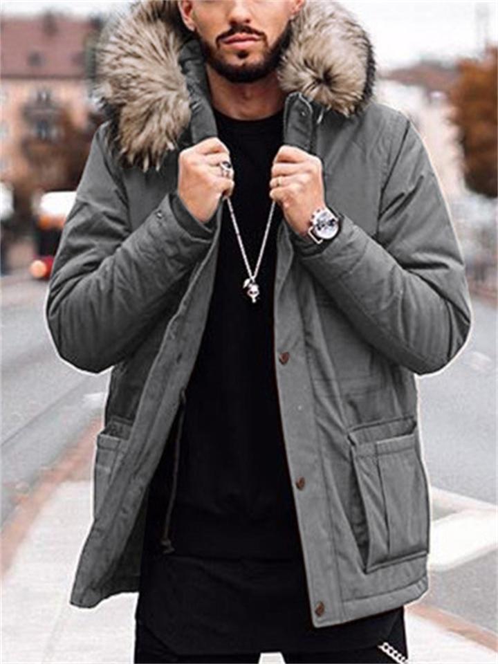 Mens Comfy Cotton Coat With Faux Fur-Trimmed Hood