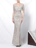 Shimmering Sequined Illusion Neck Mermaid Dress for Evening Party