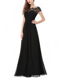 Elegant Cap Sleeve Lace Neckline Ruched Bust Evening Dress