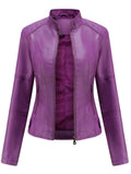 Women's PU Leather Stand Collar Slim Jacket
