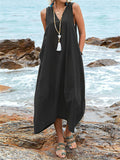 Women's Deep V Neck Pocket Backless Lace Up Loose Beach Dress