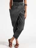 Vertical Striped High Waist Belts Harem Pants With Pocket