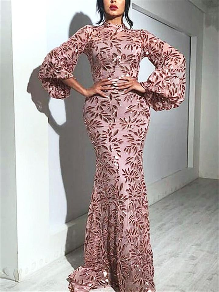 Flattering High Neck Floral Printed Long Sleeve Mermaid Dress for Evening