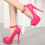 New Stylish Round Toe Buckle Hot Pink High Heels
