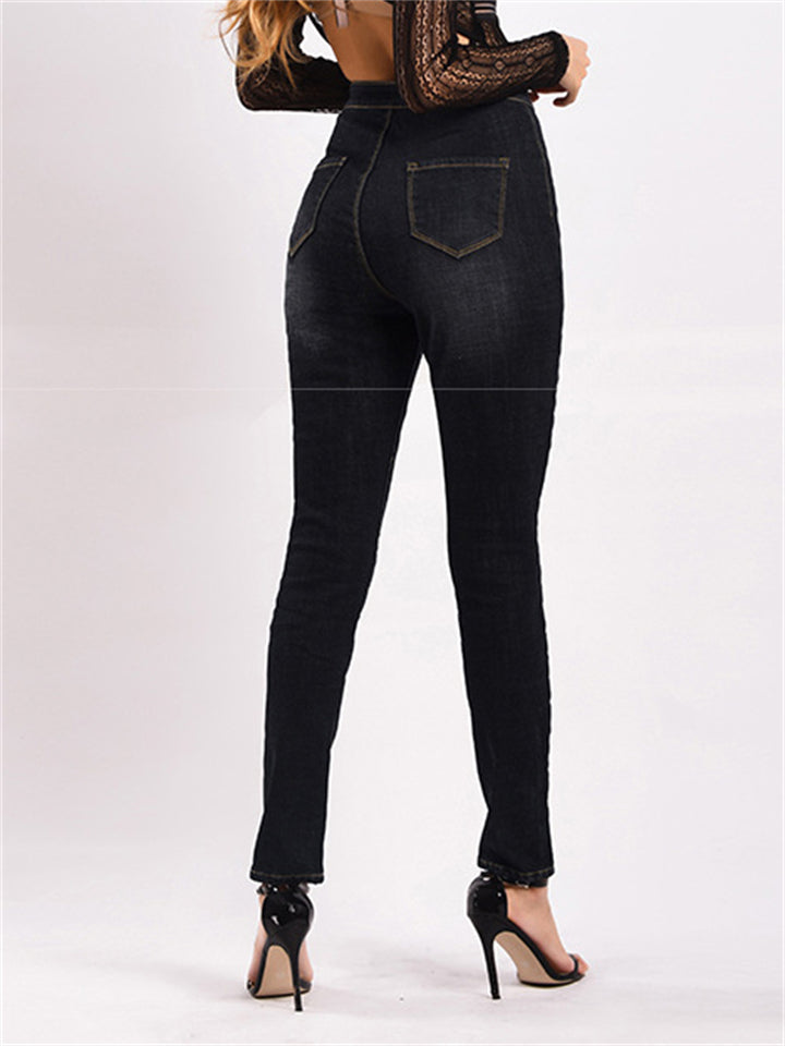 Autumn Winter Extra Warm Thicken Fit Classic Black Denim Jeans for Women