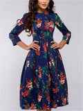 Women’s Vintage Floral 3/4 Sleeve Round Neck A-line Midi Dress