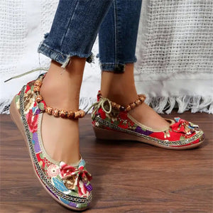 Ladies Ethnic Style Embroidered Ankle Strap Loafers