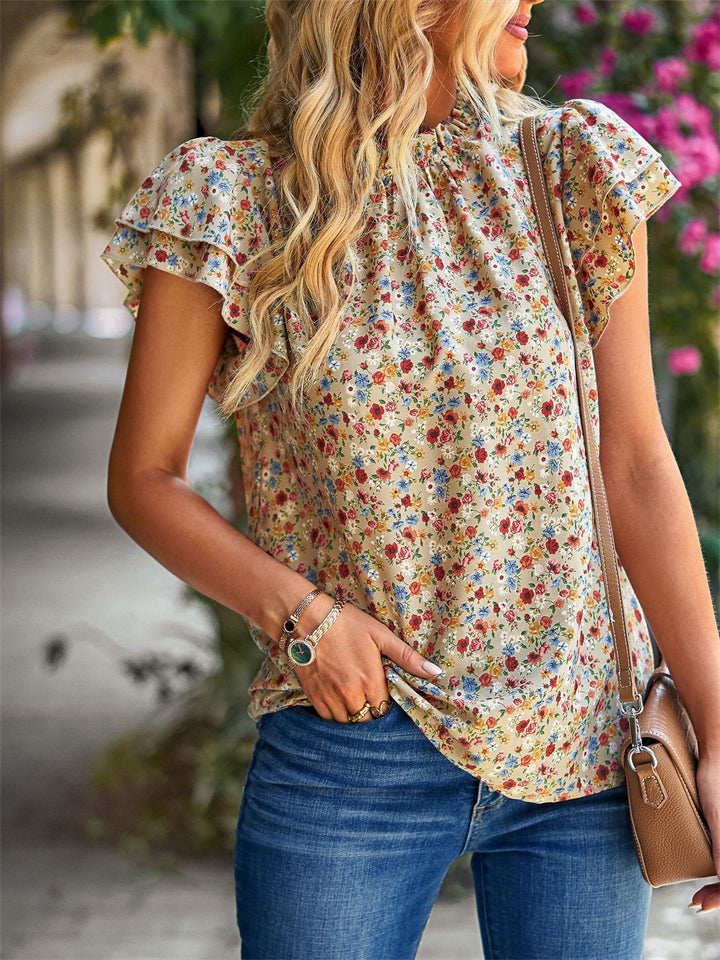 Summer Trendy Female Floral Print Ruffle Sleeve Shirts