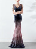 Shimmering Sequined V Neck Backless Mermaid Dress for Evening Party