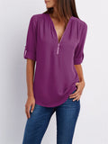 V-neck Zipper Loose Chiffon Blouses