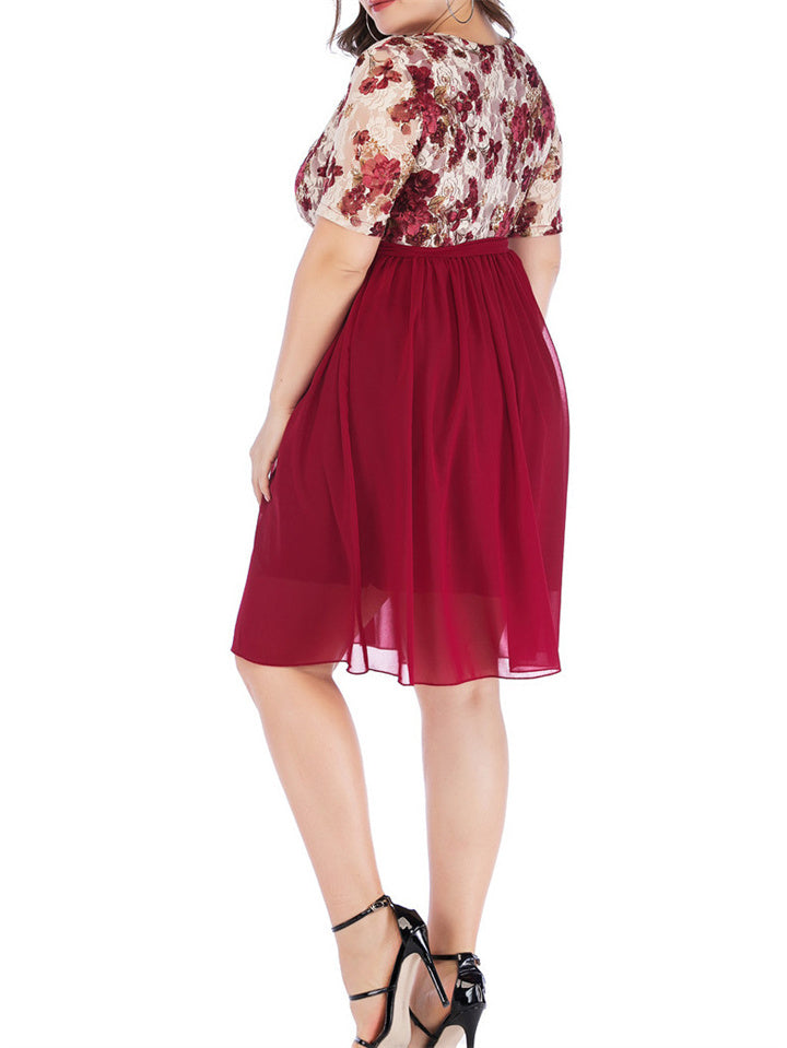 Plus Size Chiffon Patchwork Printed Floral Lace V Neck Short Sleeve Dress