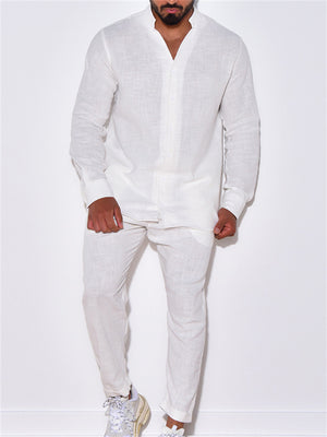 Men's Summer Simple Stand Collar Long Sleeve Button Cotton Linen Sets