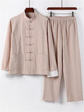 Relaxed Fit 2-Piece Outfit Retro Button Collar Shirt + Elastic Waistband Full-Length Pants
