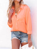 Office Lady Simple Button Pocket Comfortable Pure Color Silk Blouses
