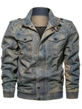 Men's Casual Stand-Collar Cotton Washed-Effect Denim Military Jacket