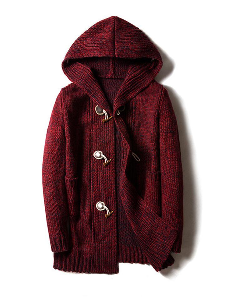 Men's Casual Horn Button Hooded Long Cardigan