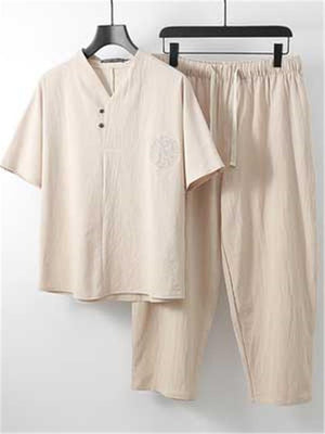 Comfy Loose Cotton Linen Print V-Neck Short-sleeved T-shirt + Cropped Pants