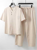 Comfy Loose Cotton Linen Print V-Neck Short-sleeved T-shirt + Cropped Pants