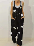 Laid-Back Scoop Neck Front Patch Pocket Daisy Print Straight-Leg Jumpsuit